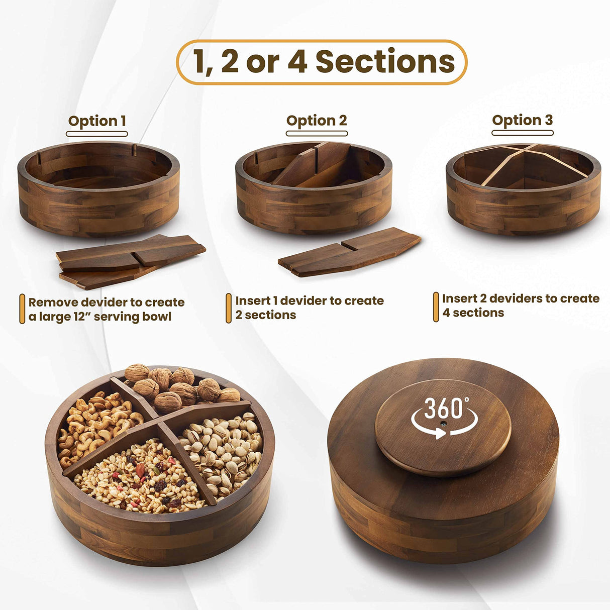 TIDITA 12" Acacia Lazy Susan Organizer with 4 Dividers - Wooden Lazy Susan Turntable for Table, Countertop - Kitchen Storage Food Bin Container for Spices, Cabinet, Fridge, Pantry (Acacia Wood) Tidita