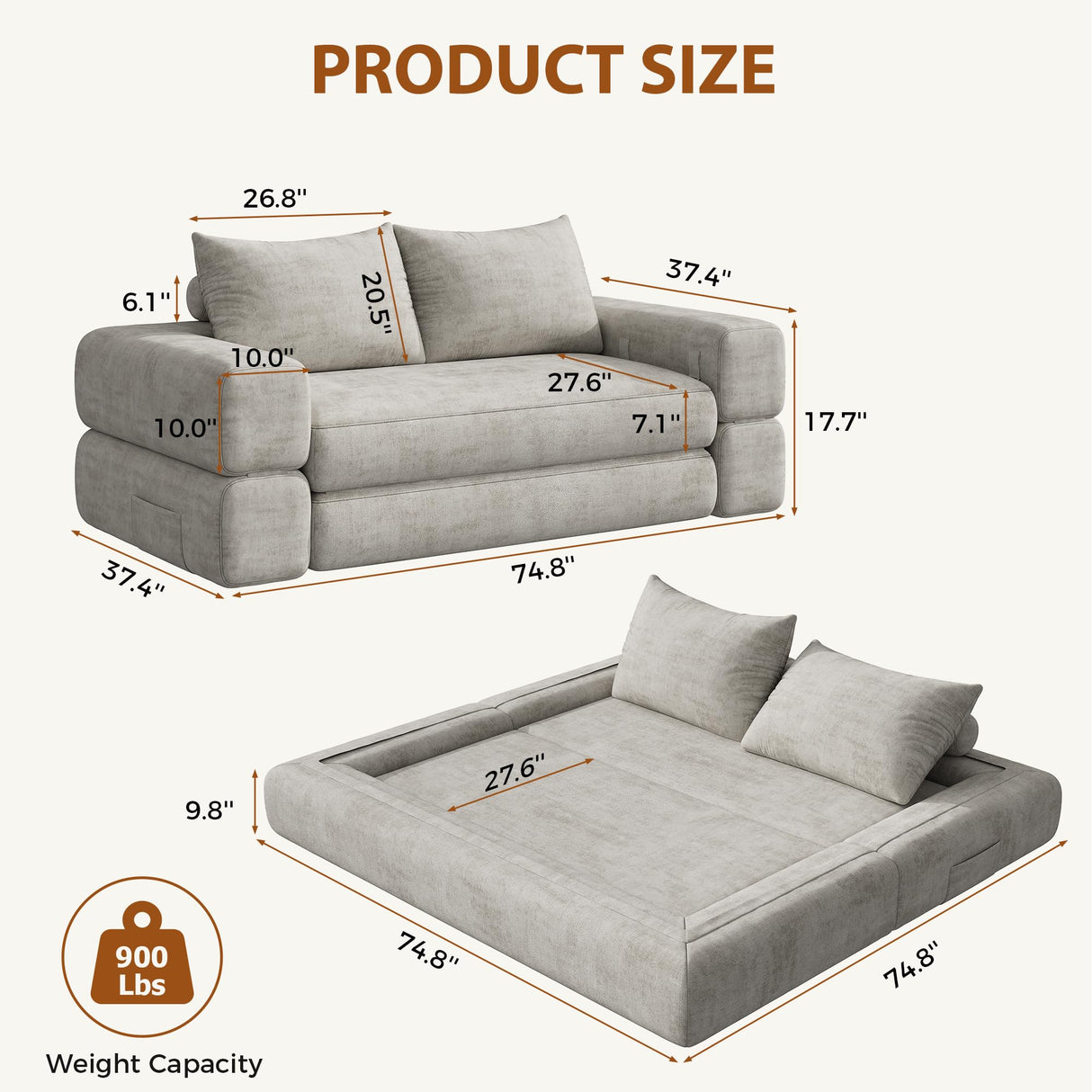 Jocoevol 75'' Queen Folding Convertible Sofa Bed with Large Pillow, 4-in-1 Floor Foldable Futon Sofa Bed, Chenille Boneless Mattress Couch, Floor Sleeper Sofa Chair Bed for Living Room/Bedroom, Beige Jocoevol