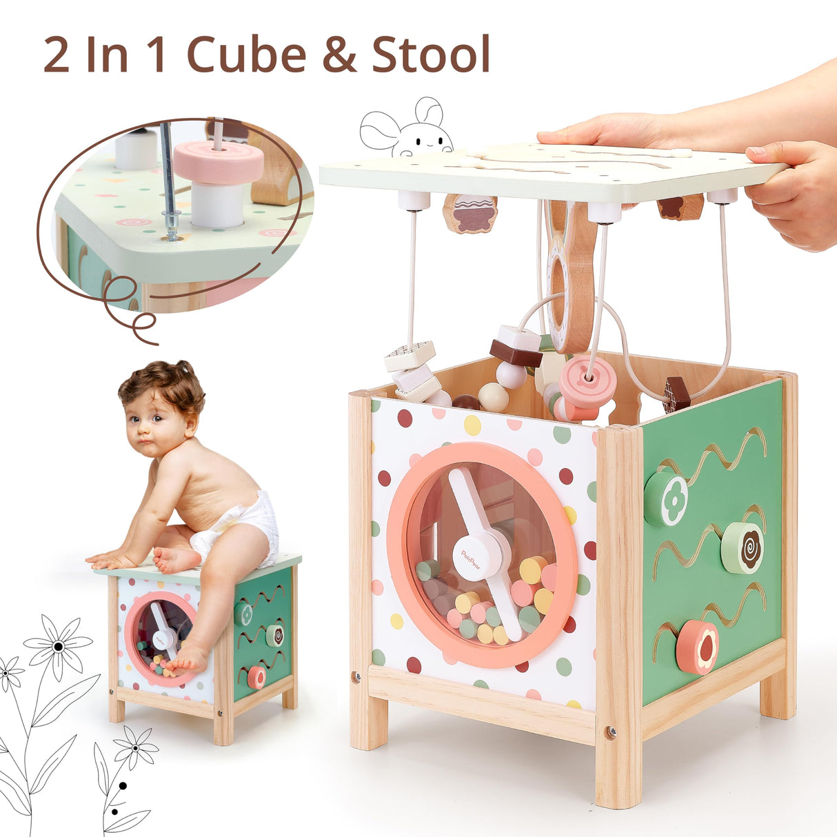 PairPear Wooden Activity Cube Montessori Toys Wooden Play Cube Activity Center Baby Busy Board Multifunctional Early Educational Development Toys Sensory Gifts for Toddlers Girls Boys 1 2 3 Year Old PairPear