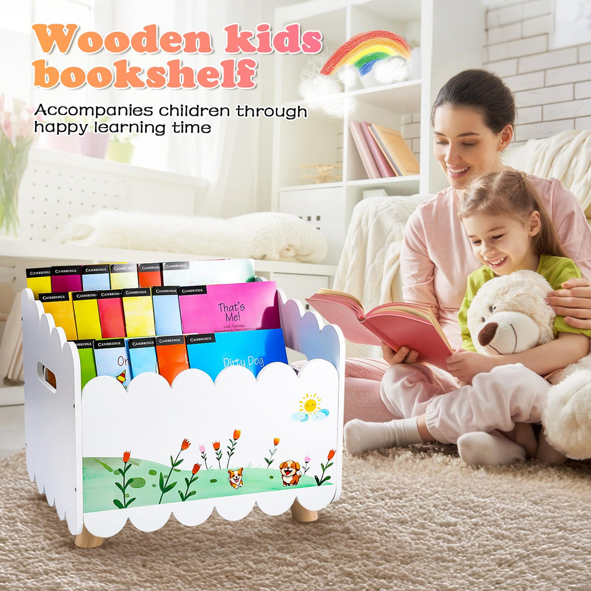 QwayHome Wood Kids Bookshelf with 2 Adjustable Dividers - Montessori Bookshelf for Nursey Room or Playroom - Toy Storage Oragnzier with Handle - Toddler Book Shelf for Bedroom Livingroom Classroom QwayHome