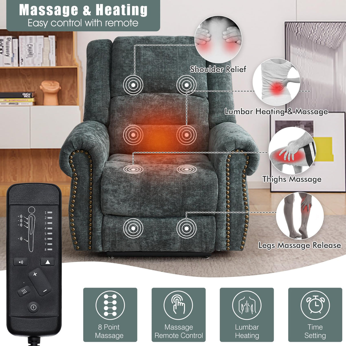 CDCASA Dual Motor Lay Flat Lift Chairs Recliners for Elderly with Massage and Heat, Upgraded Chenille Infinite Position Large Sleeping Electric Power Lift Chair Recliner for Seniors, Grey Blue CDCASA