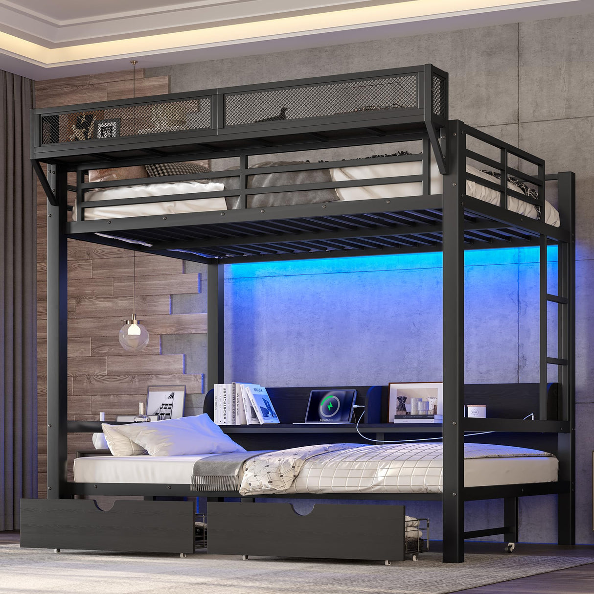 Full over Full Bunk Bed with Storage Shelves and Drawers, Metal Bunk Beds with Lights and USB Ports, Lower Bunkbed Can be Converted, for Guest Room, Bedroom, Dorms, Muti-function and Noise-Free, Black Bellemave