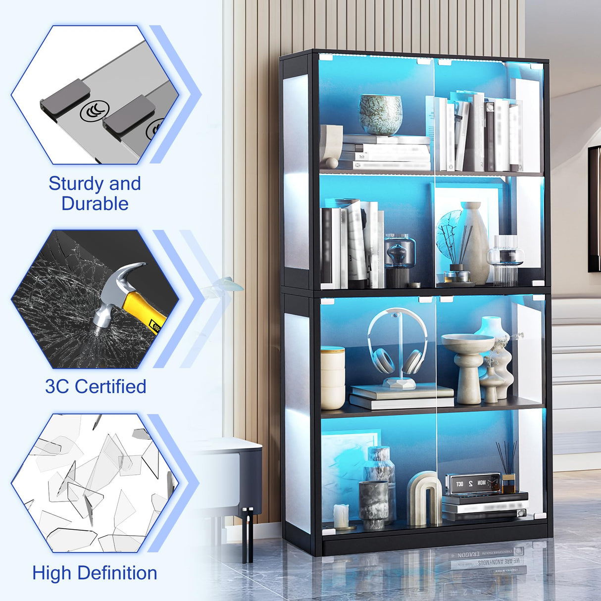 Grepatio Display Cabinet with Glass Doors, 4-Tier Curio Display Case, Collectibles Display Shelf with 12 Color Lights, Toy Bookshelf and Bookcase Cabinet for Collectible Playroom (Black) Grepatio