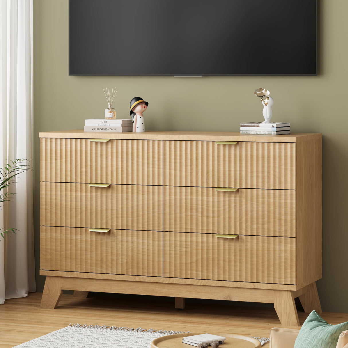 Fluted Dresser for Bedroom with 6 Drawers, 48" Wide Modern Chest of Drawers with Metal Handle, Wooden Dresser TV Stand, Wood Closet Clothes Storage Organizer for Living Room, Hallway, Natural Oak Xixini