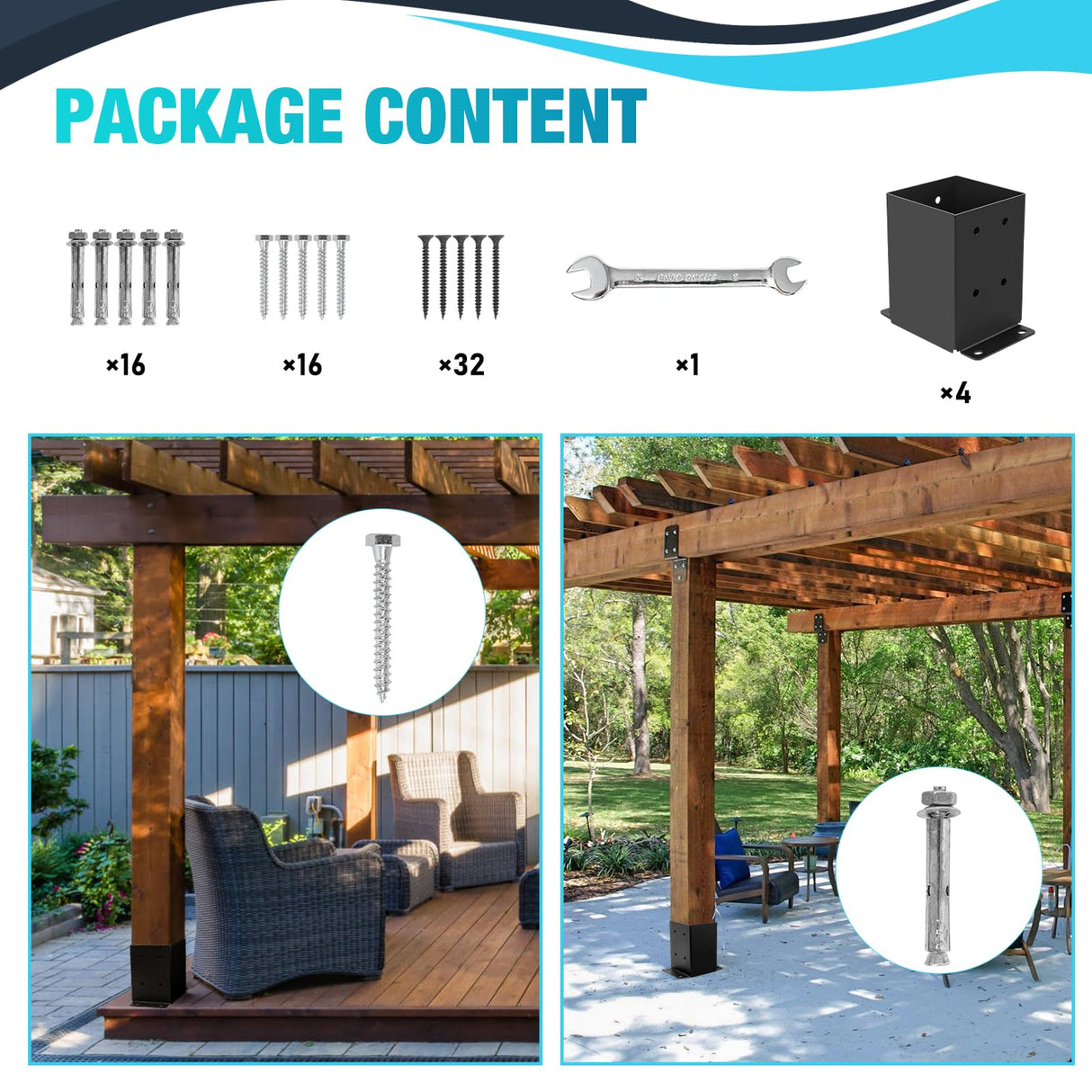 4 Pcs Post Base ,4"x 4" Post Brackets(Actual 3.6"x 3.6"), Heavy Duty Black Metal Powder-Coated Thick Steel Post Anchor Outdoor for Support Deck Base Plate , Fence Kit,Mialbox Post Mount AXWHYS