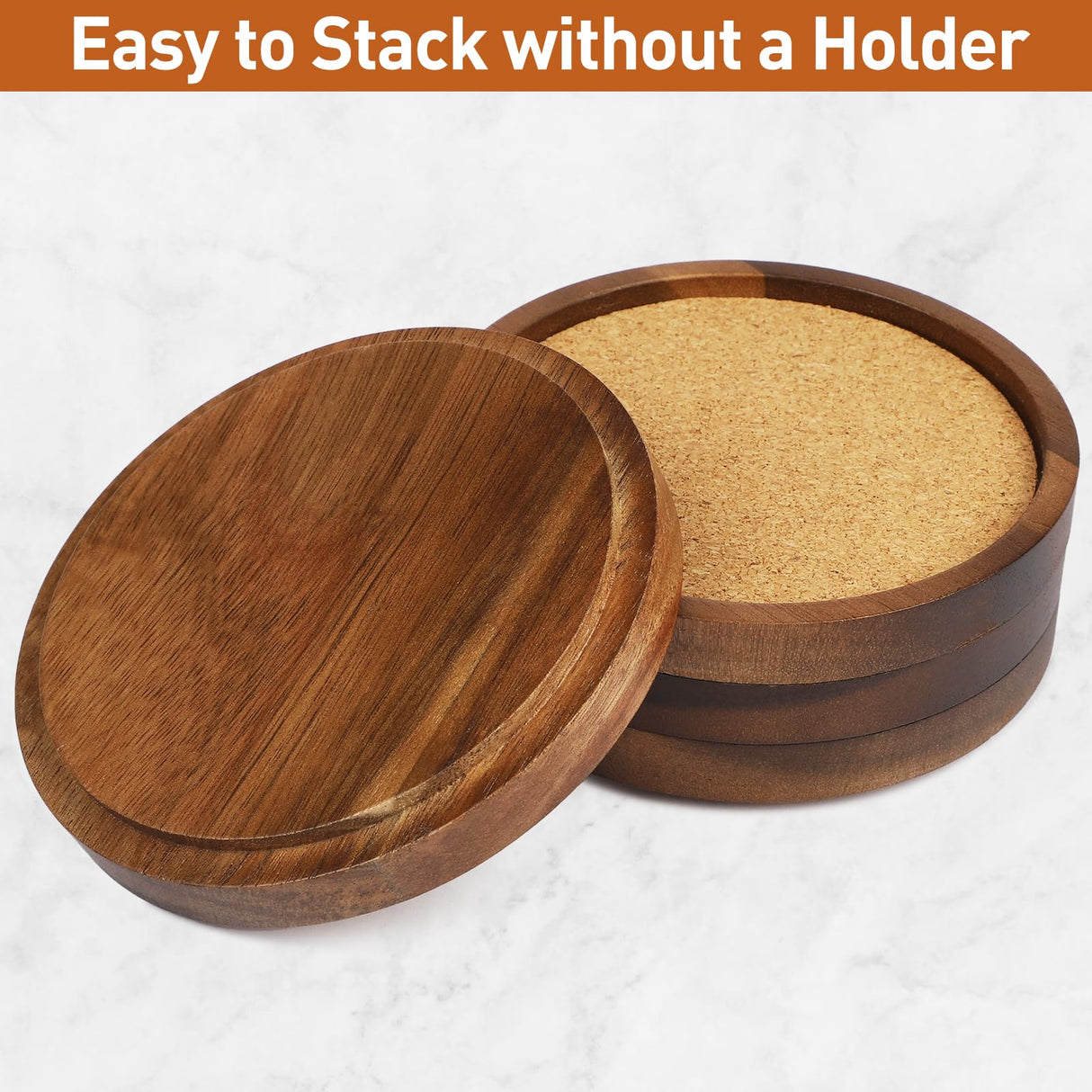 Zovano Wooden Drink Coasters Set of 4, Stackable Cup Coaster for Table, 4.2 inch Absorbent Cork Coasters Set for Tabletop Protection, Rustic Glass Coaster for Coffee, Home Decor. ZOVANO