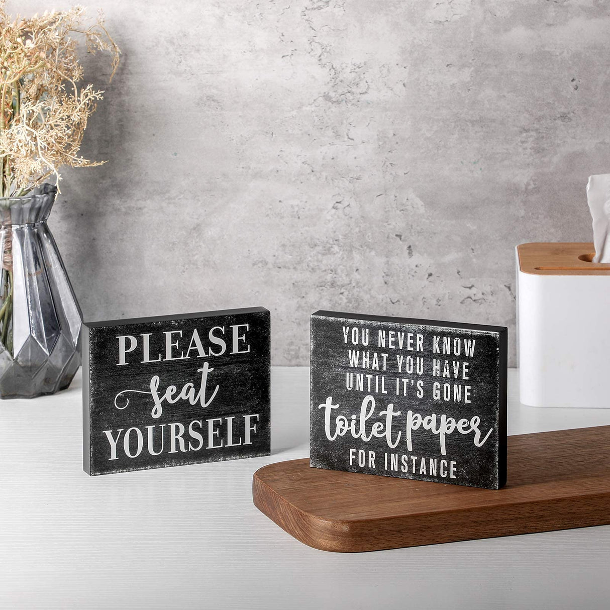 2 Pieces Funny Farmhouse Bathroom Decor You Never Know What You Have Until It's Gone Toilet Paper Sign Please Seat Yourself Sign Humor Toilet Box Plaque for Toilet Decoration, 4 x 5 Inch (Black) Jetec