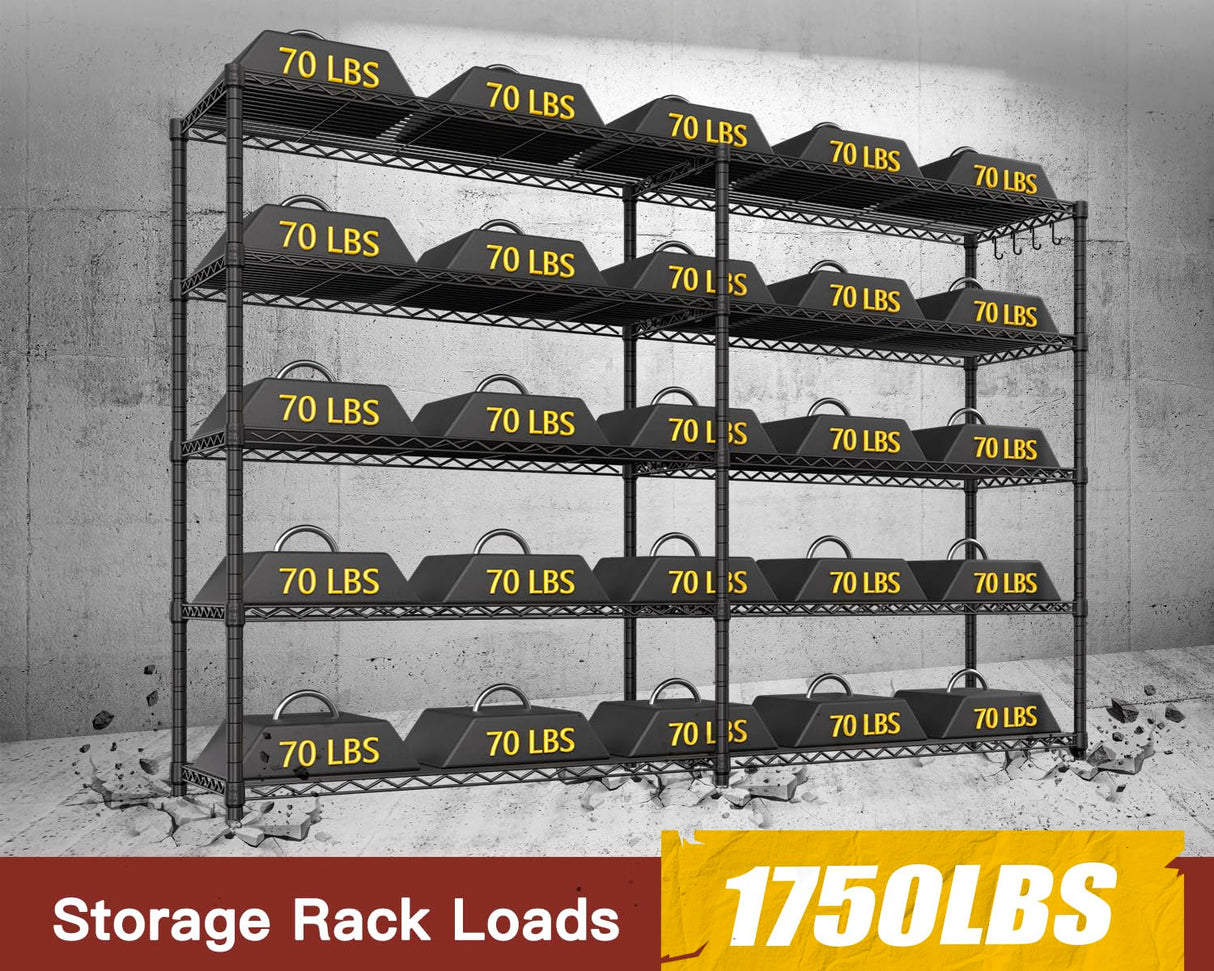 PrimeZone 72" W x 16" D x 76" H Adjustable Garage Shelving, 5 Tier Heavy Duty Metal Storage Shelves, Steel Wire Rack Storage Shelving Organizer for Warehouse, Kitchen, Pantry, Garage, Basement, Black PrimeZone