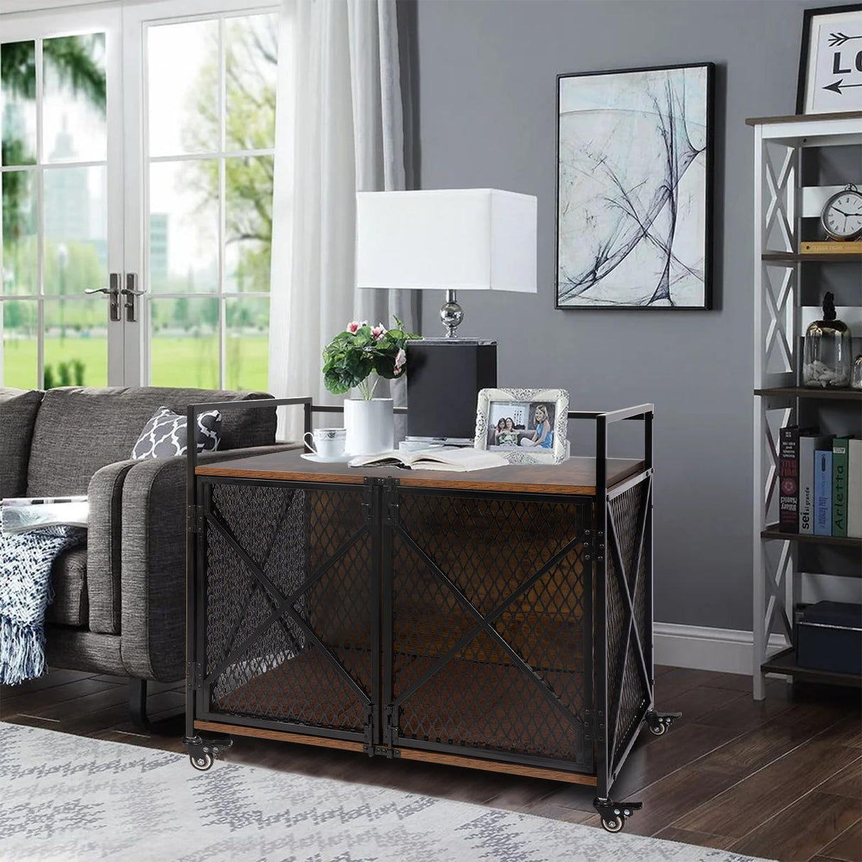 31'' Dog Crate Furniture, Wooden Dog Crates for Medium Dogs, Heavy Duty Dog Kennel Indoor with Lockable Wheels, Furniture Style Dog Cage for Living Room,Rustic Brown Gowoodhut