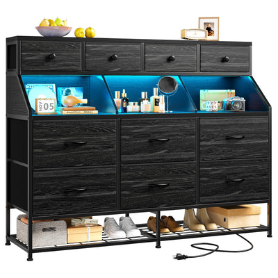 Dresser for Bedroom with 10 Drawers & Shoe Rack Fabric Dressers & Chests of Drawers with LED Lights and Power Outlets Bedroom Dresser for Entryway, Halfway, Closet (Charcoal Black)