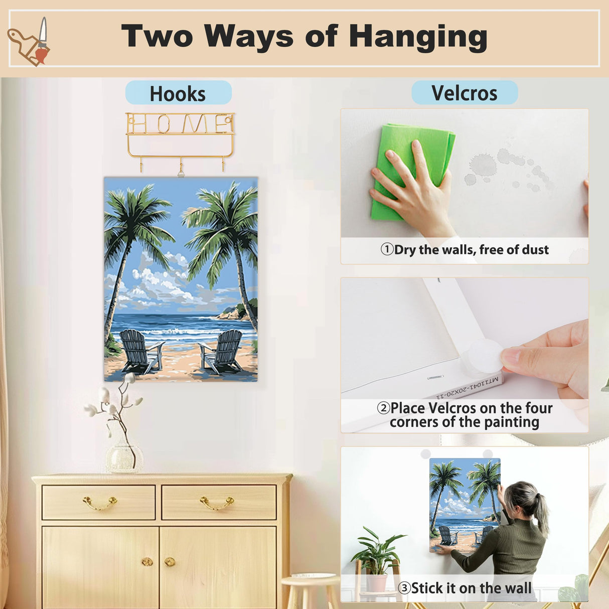 EOBROMD Framed Paint by Numbers Kits for Adults Sunny Beach Palm, DIY Kits Crafts for Beginner, Painting on Stretched Canvas, Oil Paint by Numbers for Home Decor Gift 12x16inch EOBROMD