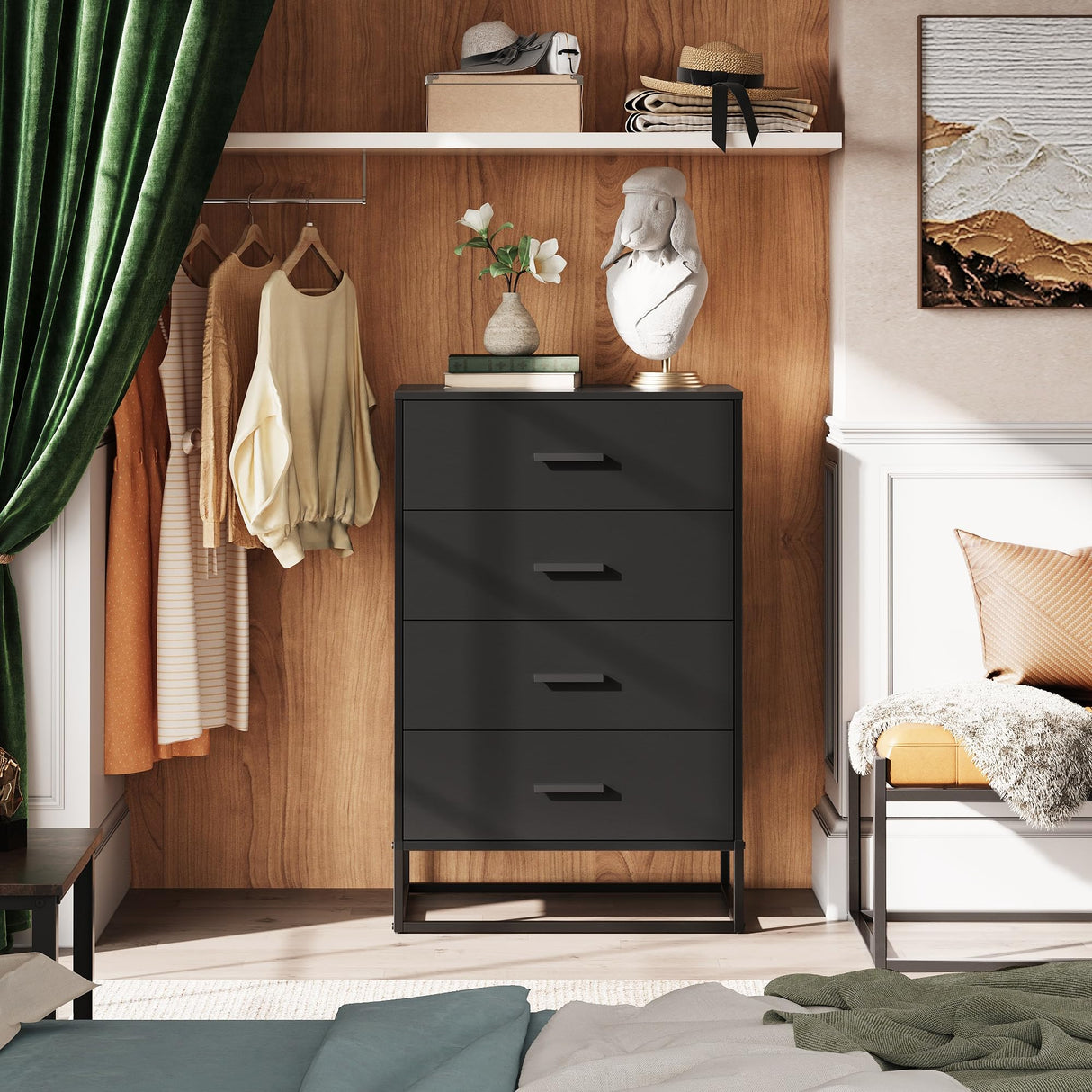 WLIVE Wood Dresser for Bedroom with 4 Drawers, Nightstand, Chest of Drawers, Tall Dresser Drawers with Sturdy Metal Frame for Hallway, Living Room, Closet, Black WLIVE