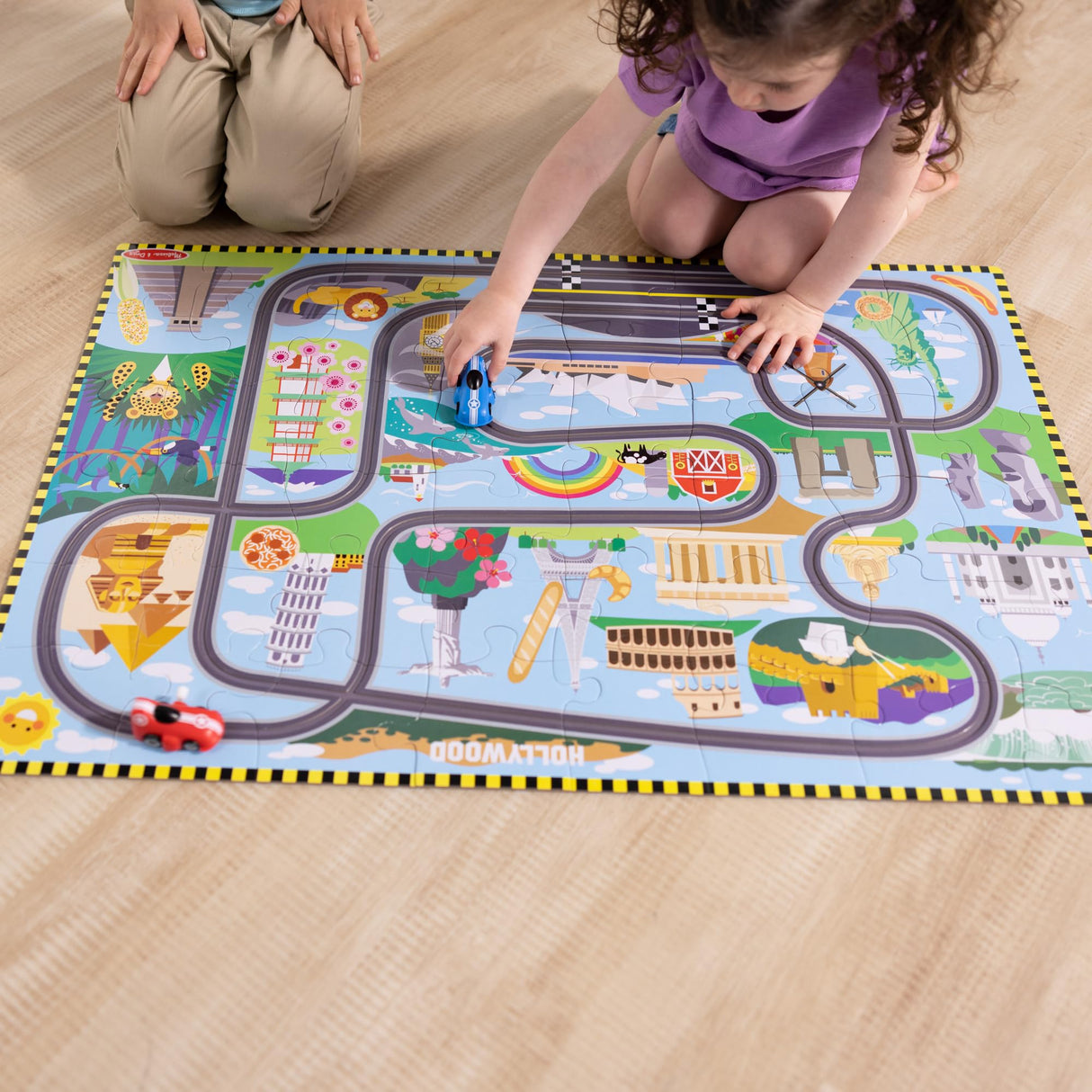 Melissa & Doug Race Around the World Tracks Cardboard Jigsaw Floor Puzzle and Wind-Up Vehicles – 48 Pieces, for Boys and Girls 4+ - FSC Certified Melissa & Doug