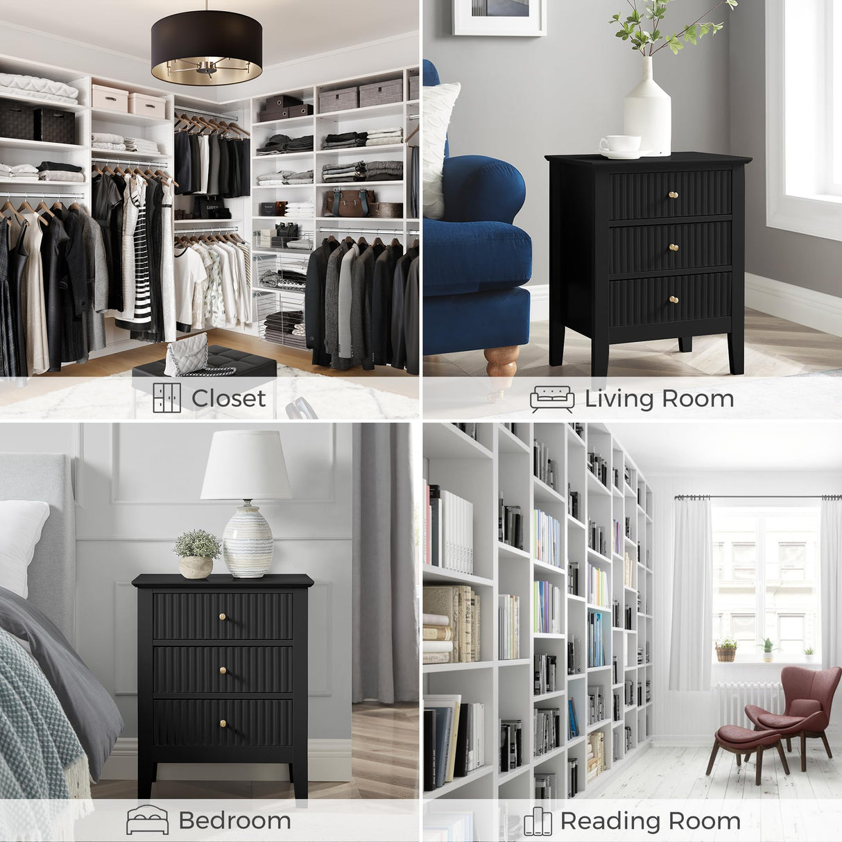 OCANDO Fluted Black Nightstand 19", 3 Drawers Night Stand, Bed Side End Table for Small Living Room, Modern Bedroom Storage Cabinet OCANDO