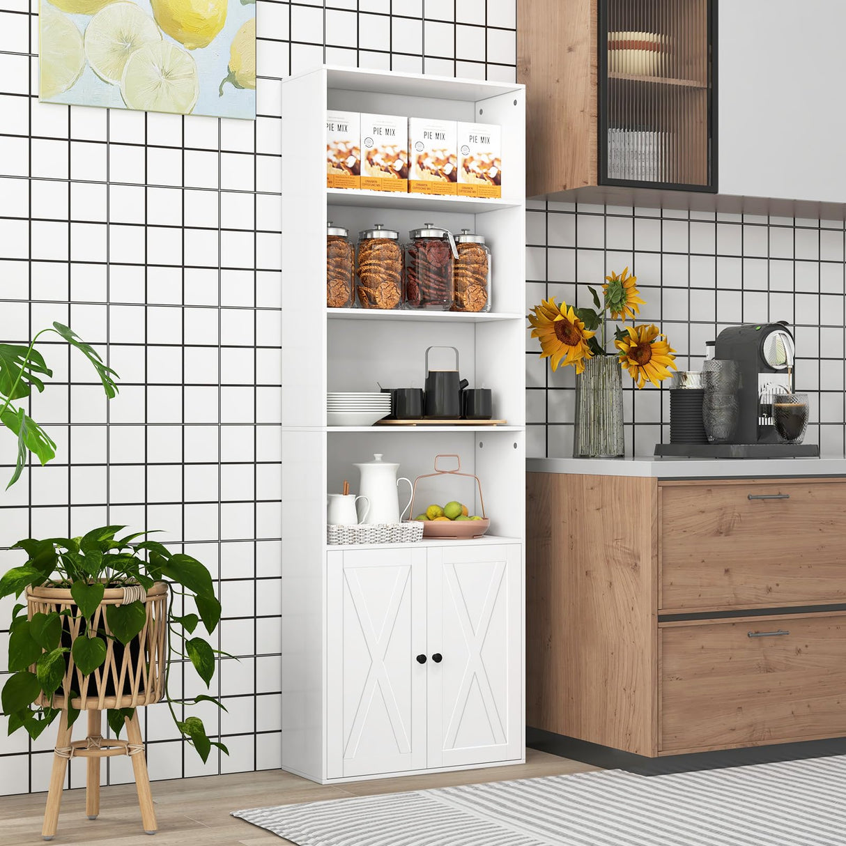 Tangkula Tall Bookcase with Doors, Farmhouse 71" H Freestanding Bookshelf with 6 Shelves & 2-Door Cabinet, Display Shelf with Adjustable Shelf for Living Room Study (White, 71") Tangkula