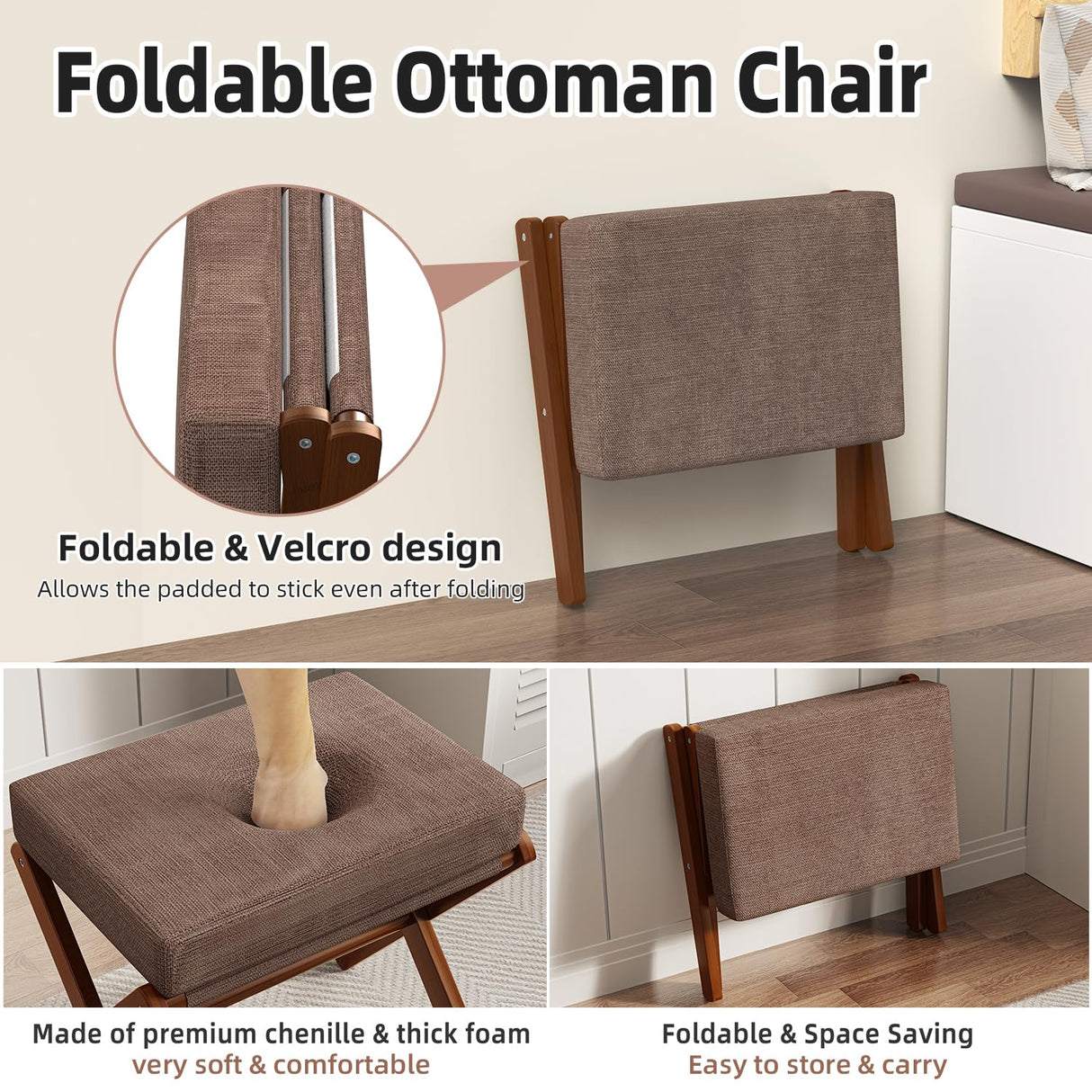 BAMBOOHOMIE Foldable Foot Stool Ottoman, Modern Foot Rest with Bamboo X Legs & Thick Foam Cushion, Folding Foot Stools Small Padded for Bedroom Living Room, Makeup Vanity Stool Chair (Brown - Brown) BAMBOOHOMIE
