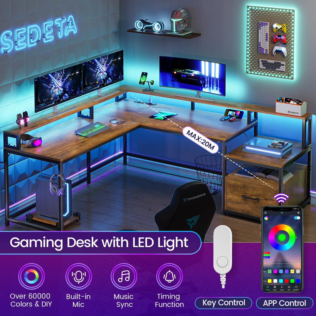 SEDETA L Shaped Desk, 66" Home Office Desk with File Drawer & Power Outlet, Gaming Desk with Led Lights, Corner Computer Desk with Monitor Shelf, Printer Storage Shelves, Two Person Desk, Rustic Brown SEDETA