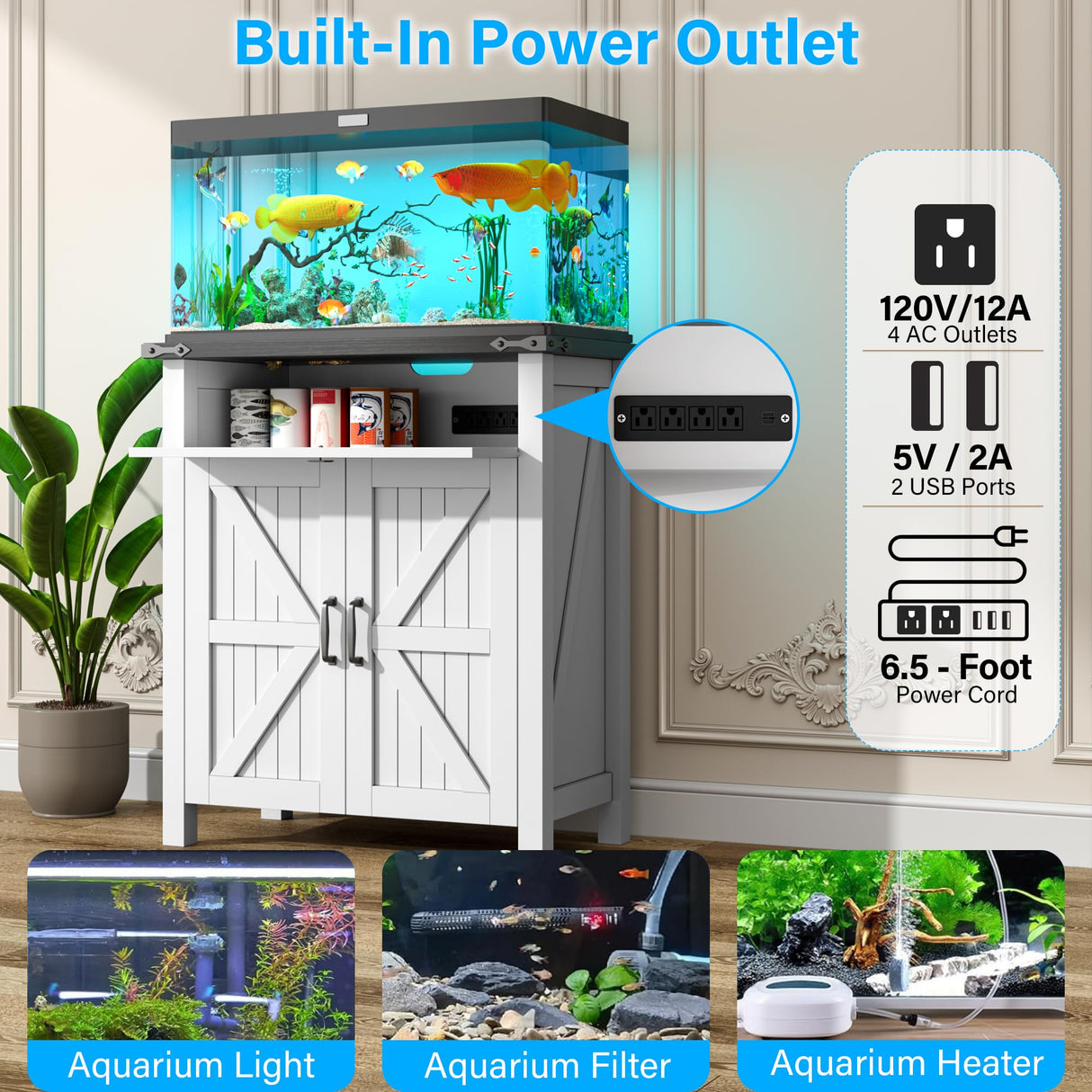 kepptory 20 Gallon Fish Tank Stand with Power Outlets, Farmhouse Decorative Aquarium Stand Furniture with Adjustable Shelves, 10-20 Gallon Reptile Turtle Tank Stand with Cabinet Storage (White, 20GL) kepptory