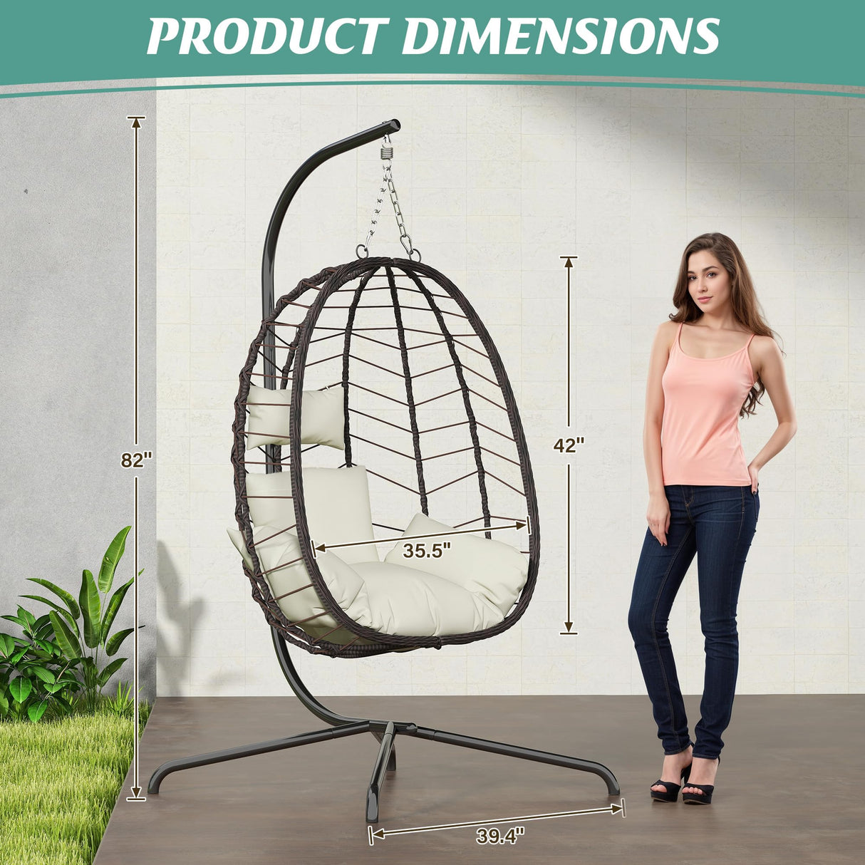 Hanging Egg Chair with Stand, Swinging Egg Chair Outdoor Indoor, Hanging Basket Chair with Cushion, Patio Wicker Hammock Chair 350lbs Capacity for Bedroom, Porch, Balcony, Backyard, Garden (Beige) LEX CRAFT