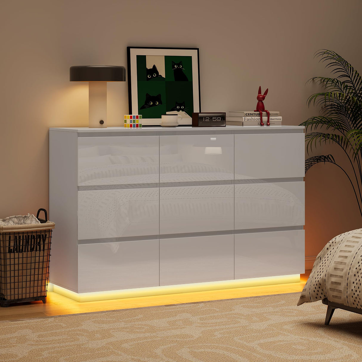 wanan 9 Drawer Dresser, Glossy White Dresser with LED Lights & Charging Station, Ball Bearing Slide wanan