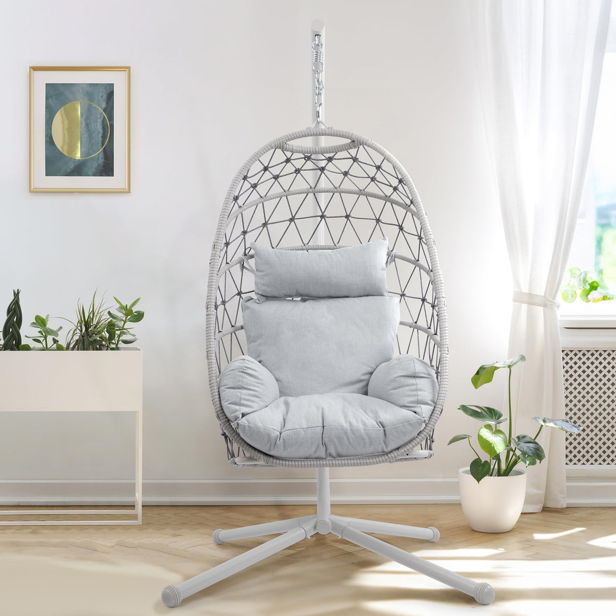 RoyalCraft Hanging Egg Chair Outdoor Swing Chair with Stand, Hammock Chair Indoor, Patio Boho Wicker Hanging Chair with Stand 350lbs Capacity for Garden, Balcony, Bedroom, Beige & Gray RoyalCraft