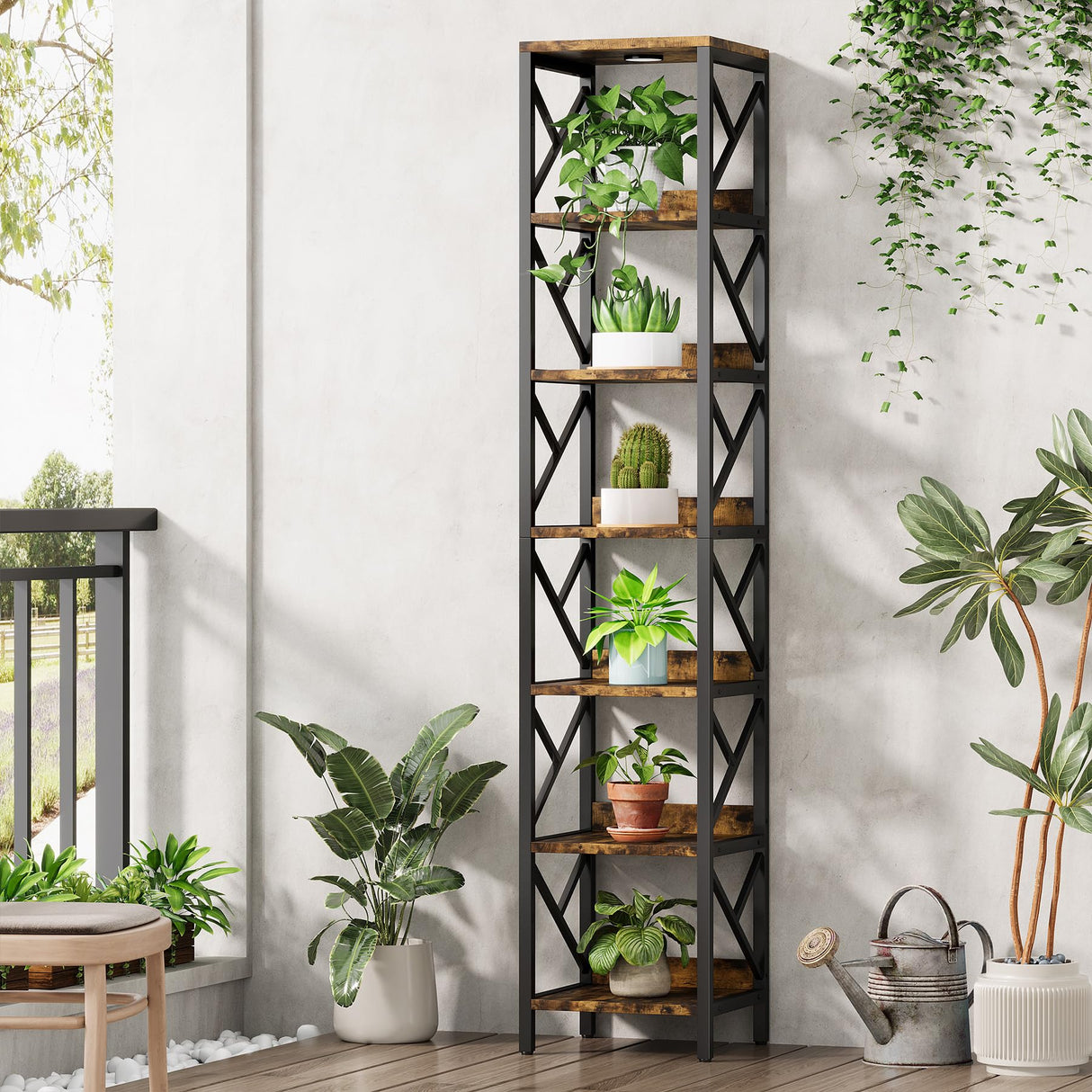 Condemo 78.7 Inch Extra Tall Narrow Bookshelf with LED Light, 7 Tier Skinny Bookcase for Small Space, Freestanding Display Corner Shelf, Modern Industrial Storage Organizer for Home Office, Brown Condemo