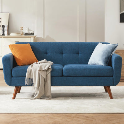 Tbfit 65" W Loveseat Sofa, Mid Century Modern Decor Love Seat Sofas and Couches for Living Room, Button Tufted Upholstered Small Couch for Bedroom, Solid and Easy to Install Love Seats Furniture, Blue