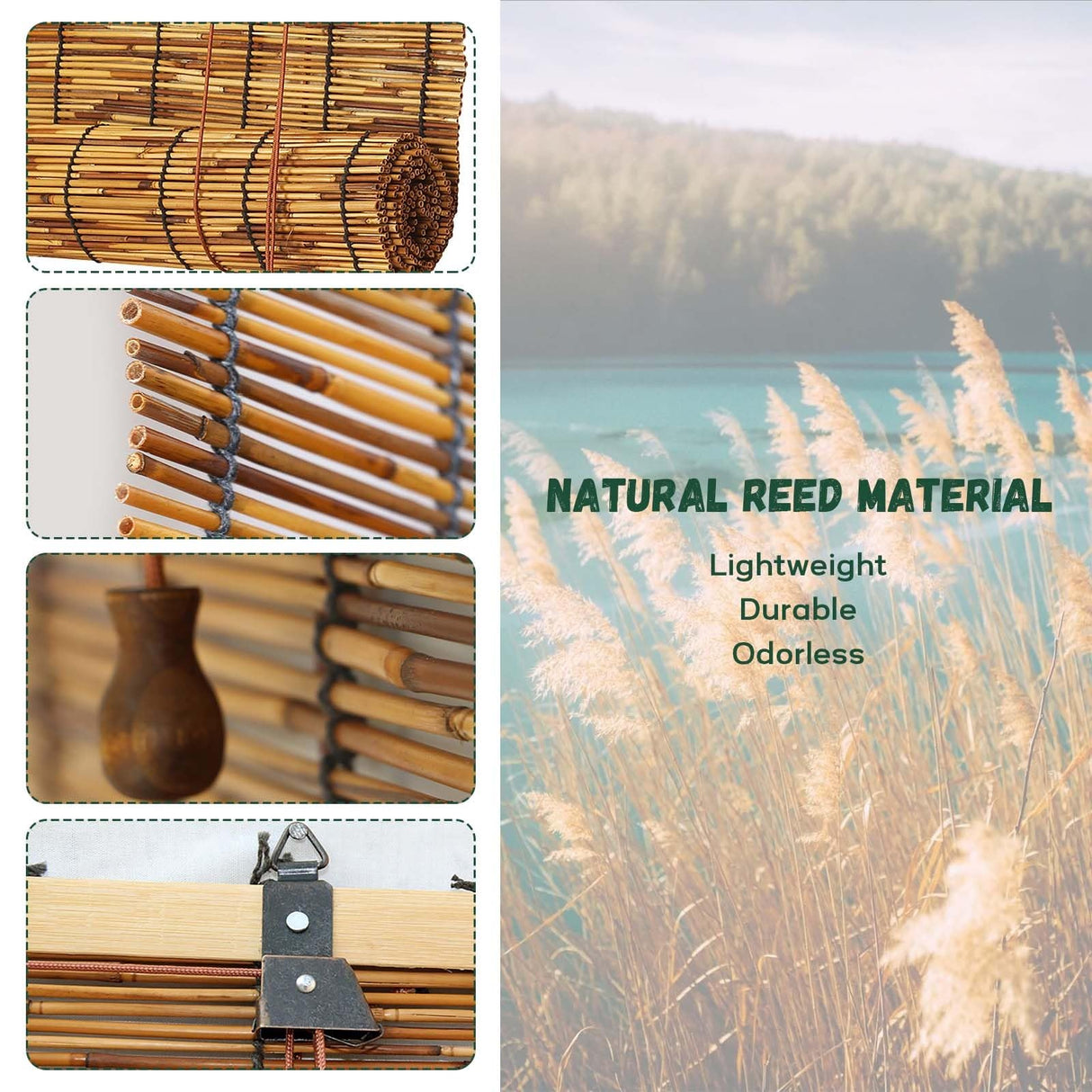 Outdoor Bamboo Roller Shades Blinds for Patio Waterproof Privacy Bamboo Roll Up Shade 70% Blackout Bamboo Blinds for Garden Porch Anti-UV Custom 20 26 38 46 62 70 72 79" Easy to Install Bamboo Curtain WQbhryllya