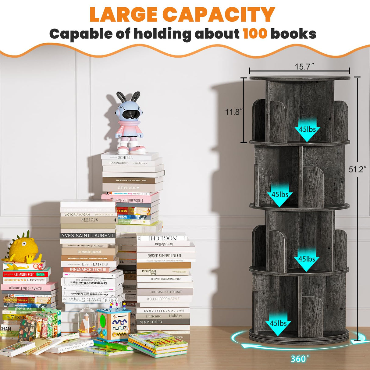 Besiost 360° Rotating 4-Tier Grey Oak Corner Bookshelf for Small Spaces Besiost