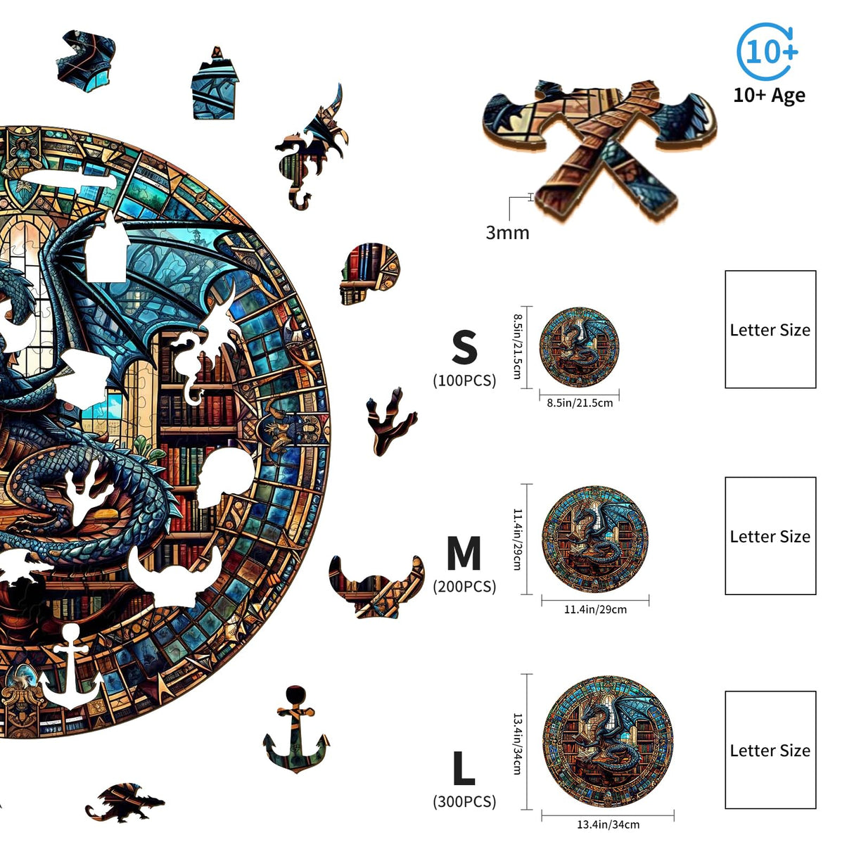 KAAYEE Wooden Puzzles for Adults-Dragon Library Wooden Jigsaw Puzzle Unique Shape Wooden Puzzle Wood Puzzle for Adults,Family Puzzles for Aduls (M-11.4 * 11.4in-200pcs) KAAYEE