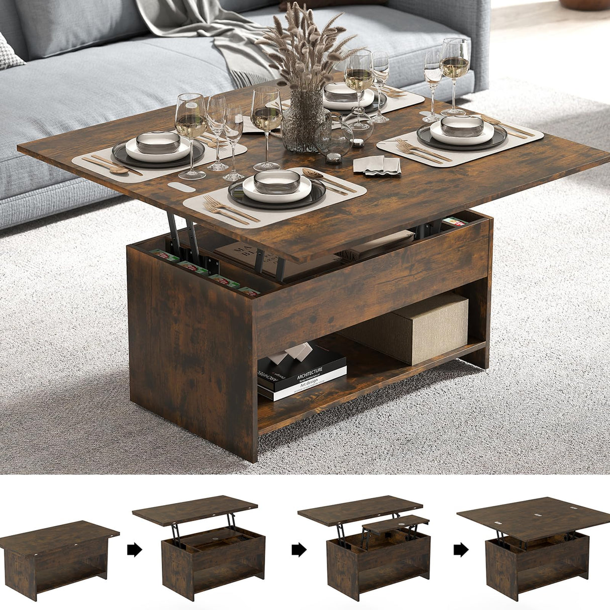Manora 40'' Farmhouse Multi-Functional Lift-Top Coffee Table with Hidden Storage & Open Shelf, 4-in-1 Convertible Center Table for Living Room, Small Spaces, Dining or Home Office Workstation (Brown) Manora