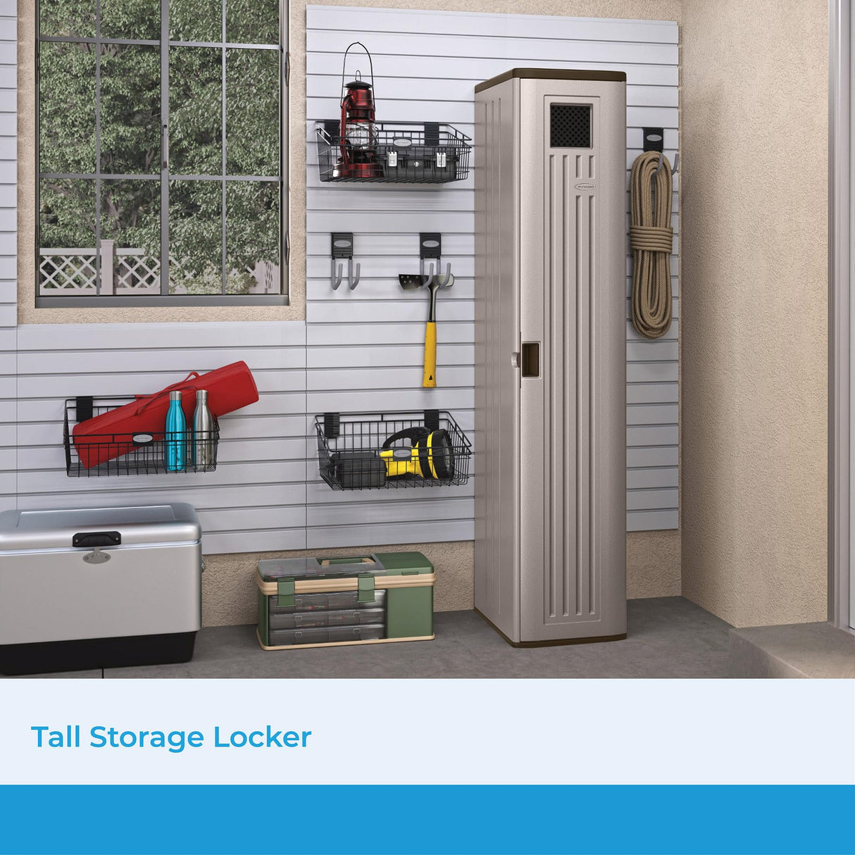 Suncast Storage Cabinet - Resin Construction for Garage Organization - 72" Garage Storage Locker with Shelving - Platinum Doors & Slate Top Suncast