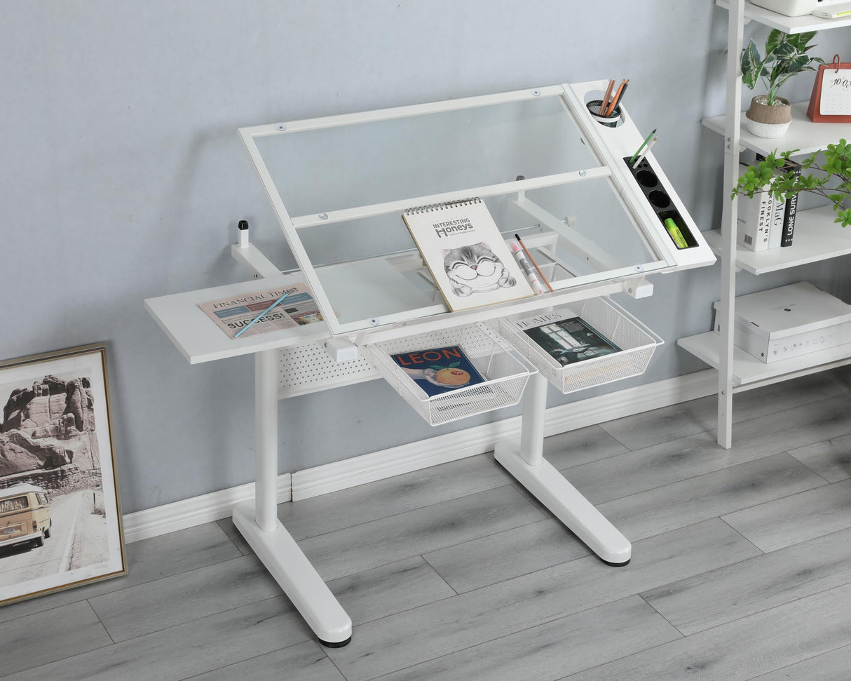 Dyncan Hand Crank Height Adjustable Drafting Table Adjustable Large Desktop- Modern Tempered Glass Artist Drawing Table 0-75° Tiltable Tabletop Artist with Chair and 2 Metal Drawers Dyncan