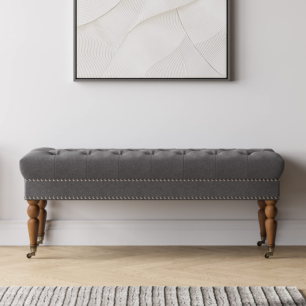 BELLEZE 47-Inch Upholstered Ottoman Bench, Moveable Tufted Ottoman Bench with Caster Wheels, Tufted Ottoman for Living Room, Entryway, or Bedroom - Brooke (Dark Grey) BELLEZE