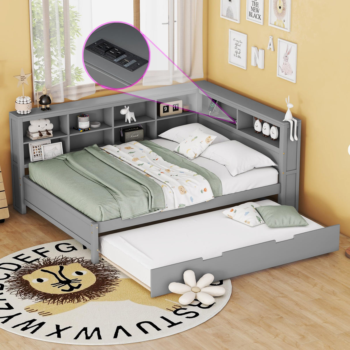 Merax Full Size Day Bed with Twin Trundle, Wooden DayBed with Storage Shelf and USB Charging Ports, Full Corner Bed Frame,Grey Merax