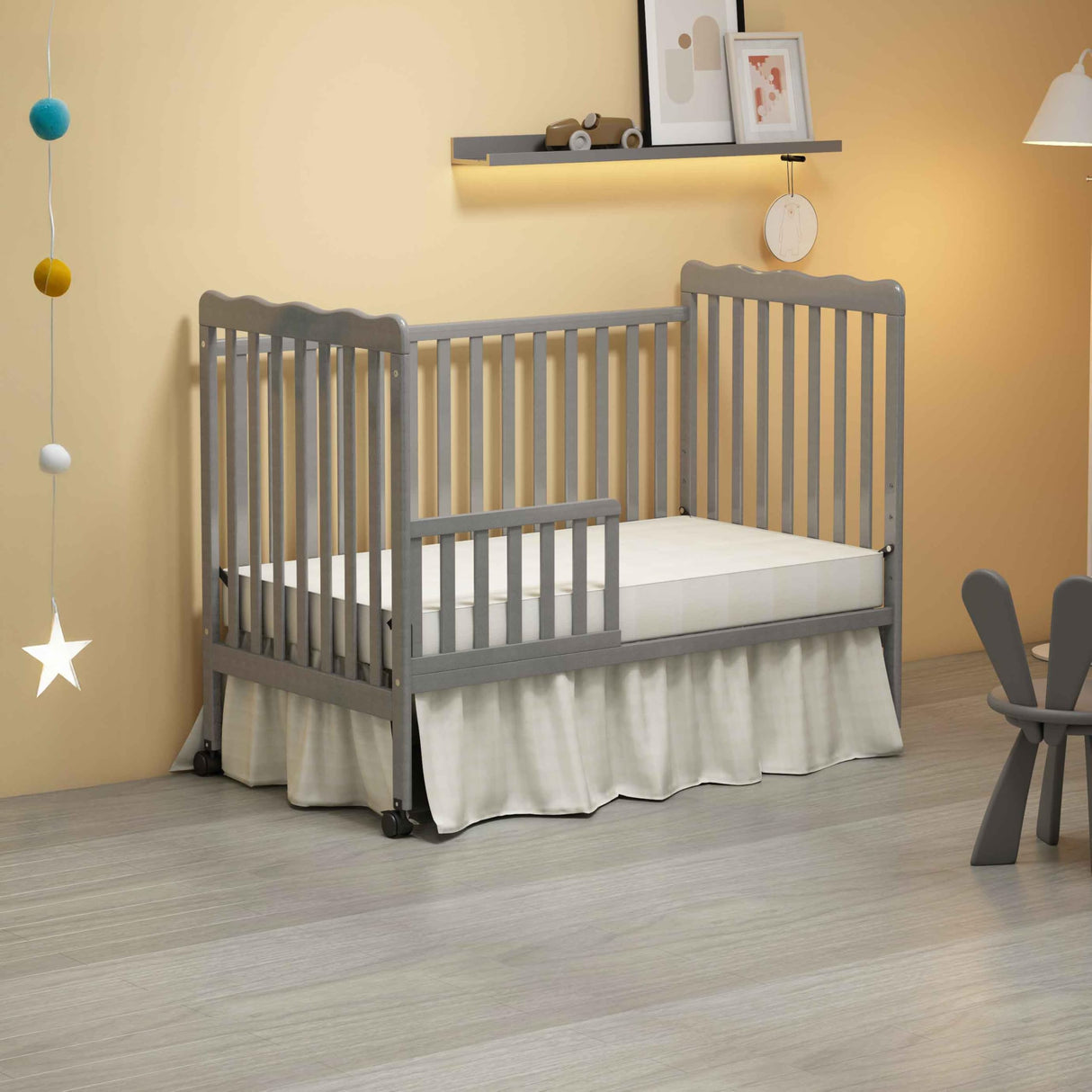 HIROHRTV Baby Crib 3-in-1 Convertible, Modern Baby Bed with Locking Wheels, Convertible Crib to Toddler Bed & Daybed, Wood Cribs for Baby, Nursery, Infant Bed for Small Spaces (Stone Gray) HIROHRTV