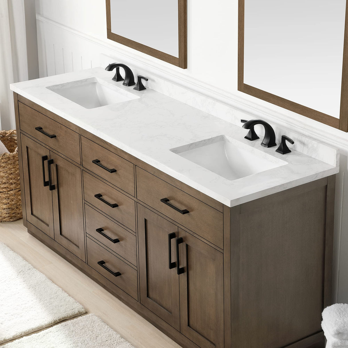 OVE Decors Maya Plus 72 in. Double Sink Bathroom Vanity in Almond Latte Finish, Black Hardware and Included Power Bar OVE Decors