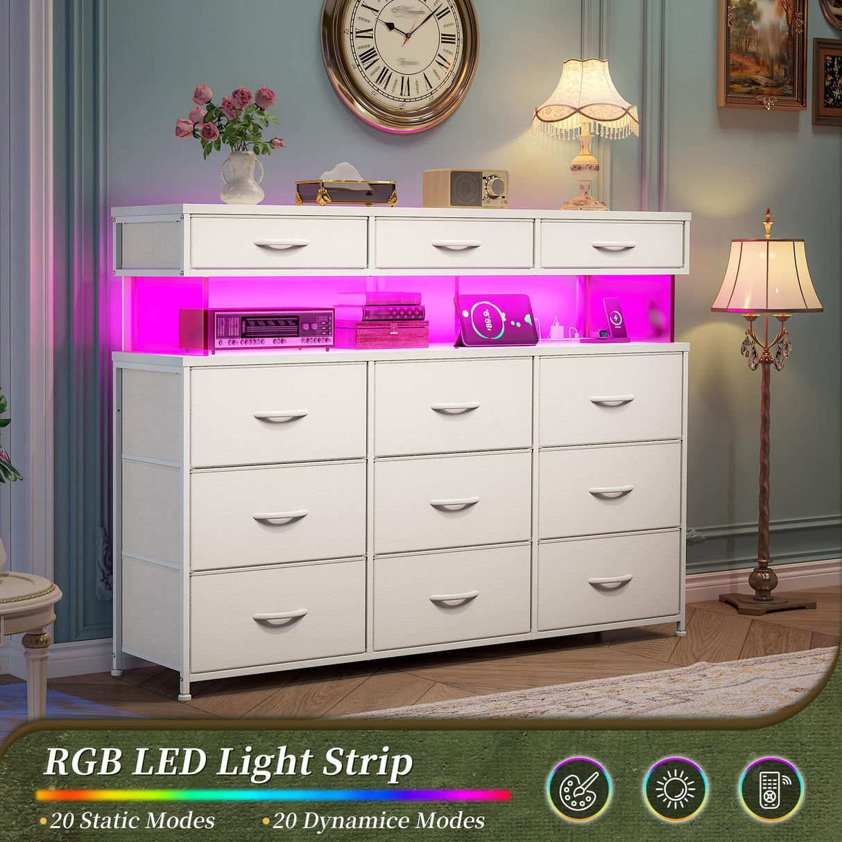 Dresser for Bedroom with Charging Station and LED Lights Dressers & Chest of Drawers with 12 Fabric Drawers Organizer with 10MM Thick Acrylic Sheet for Living Room, White Romorgniz