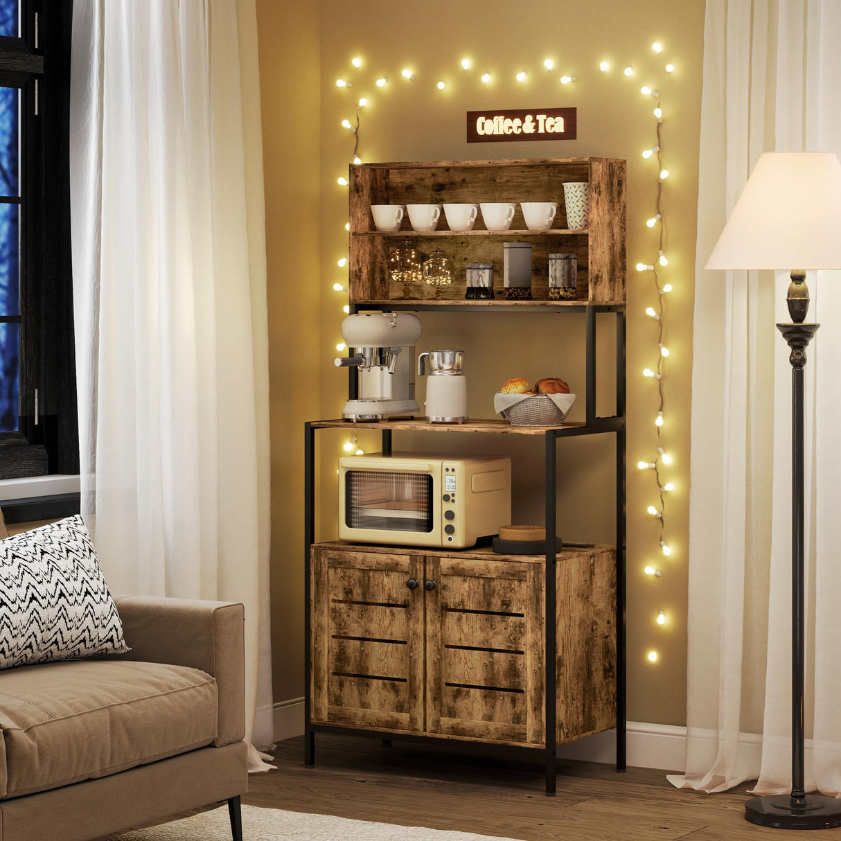 HOMCOM Kitchen Bakers Rack with Power Outlet, Coffee Bar Cabinet with Storage Shelves, Microwave Stand with Louvred Door Cabinets, Rustic Brown HOMCOM