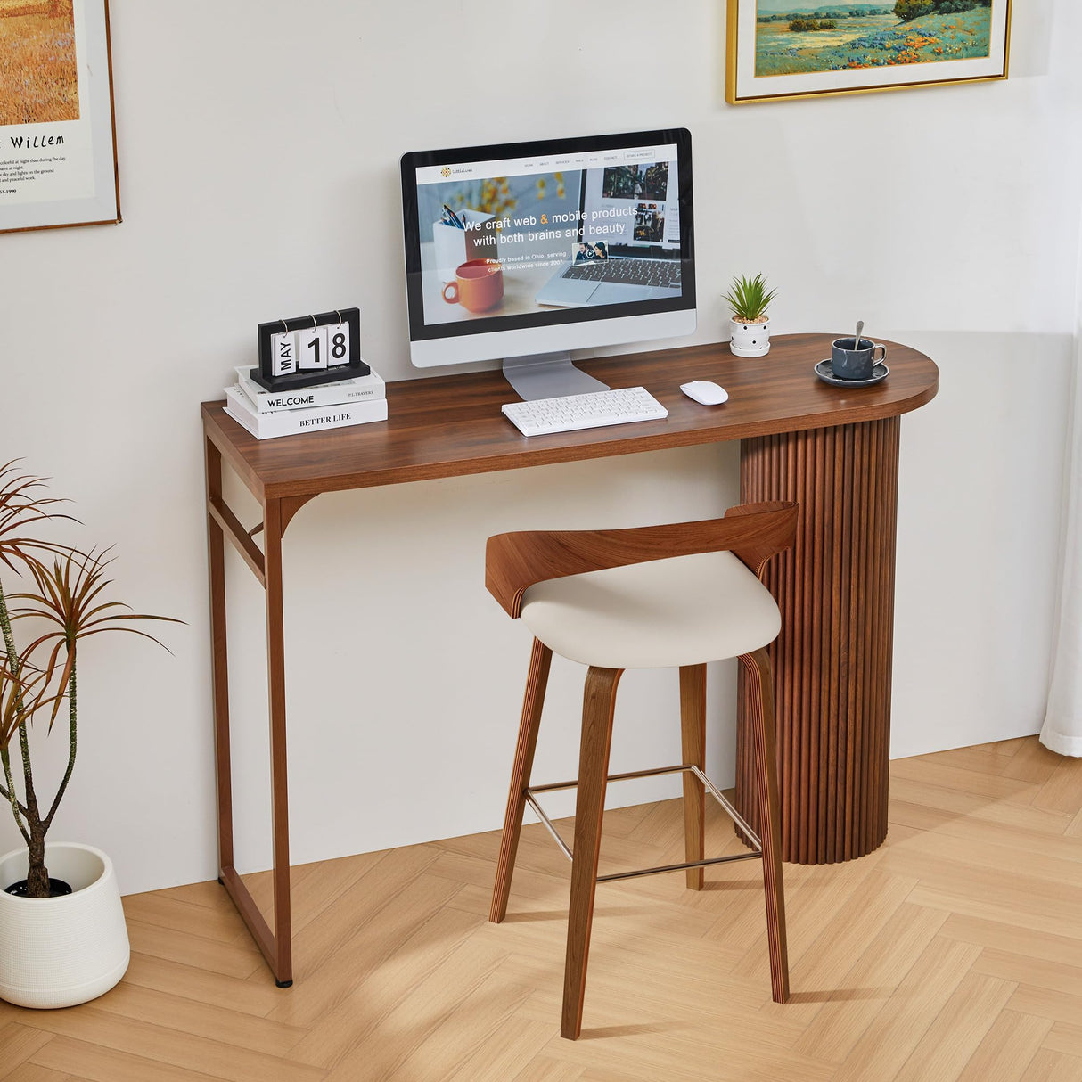 55" Long Bar Table, Fluted Wood Counter Height Pub Table, High Top Kitchen Breakfast Bar Tables with Sturdy Metal Frame, Modern Bar Height Dining Table for Bistro, Dining Room, Living Room YZRSTY