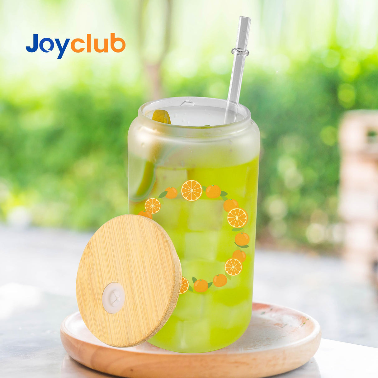 Joyclub 8 Pack Sublimation Glass Cups Blanks with Bamboo Lid 16 OZ Frosted Glass Beer Cans Mason Jar for Iced Coffee Juice Soda Drinks Joyclub