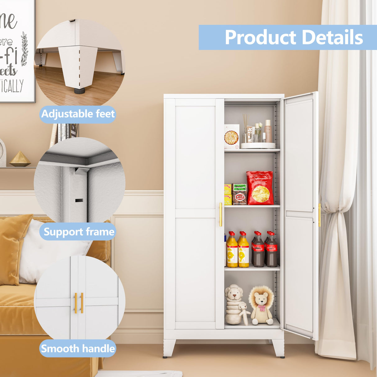 RISTERN White Metal Storage Cabinet, 48" Steel Cabinets for Home Office, Kitchen Pantry Storage Cabinet with Doors and 3 Adjustable Shelves, for Office, Home, Garage, School RISTERN