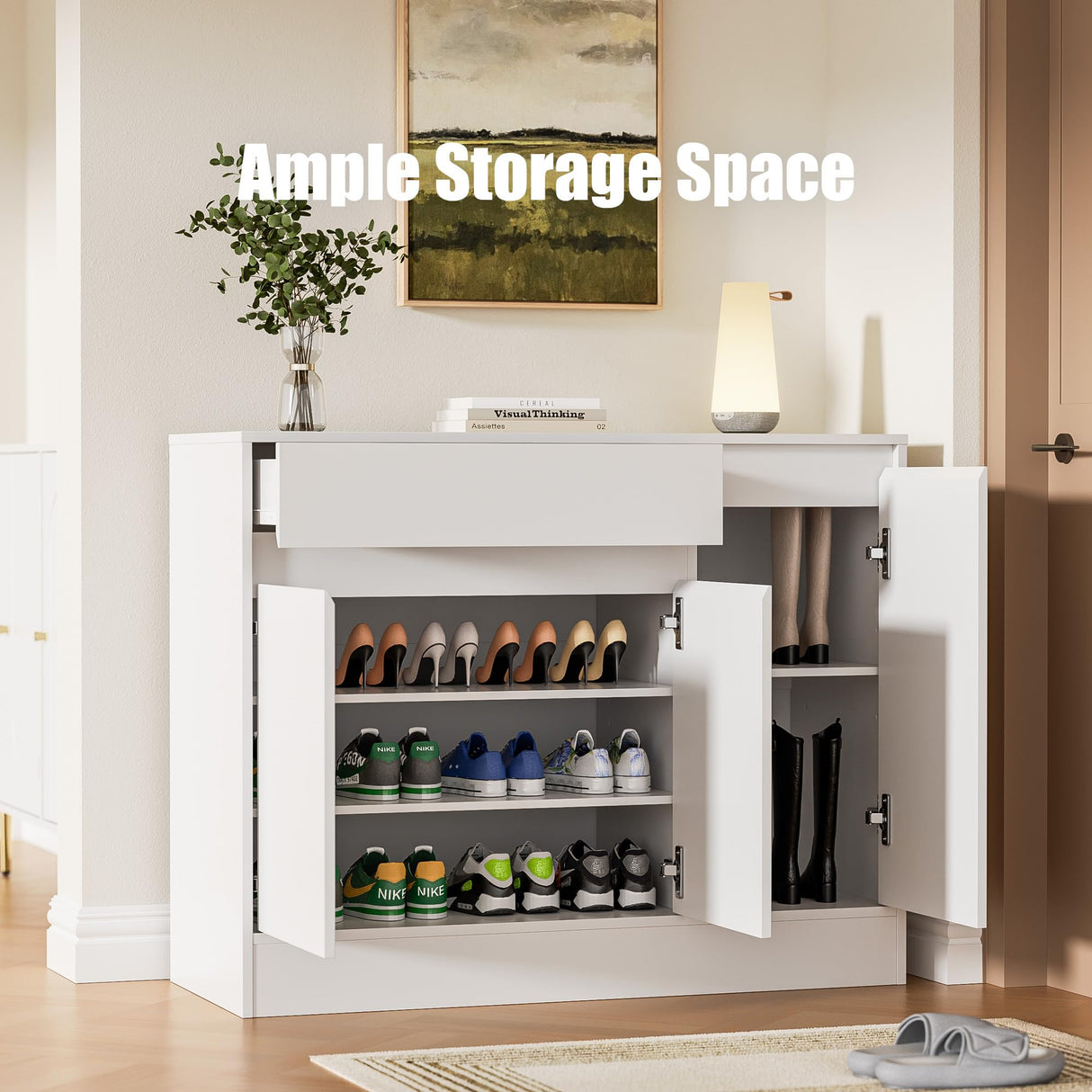 Housoul Shoe Cabinet Storage with 3 Doors, Freestanding Shoe Cabinet with Drawer & Adjustable Shelves, Wooden Shoe Organizer for Entryway, Hallway, White Housoul