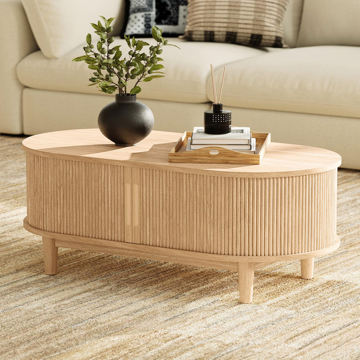 LINSY HOME Oval Coffee Table, Wood Coffee Table with Storage, Fluted Accent Center Table with Sliding Tambour Door, 39" Boho Coffee Tables for Living Room, Bedroom, Apartment, Oak