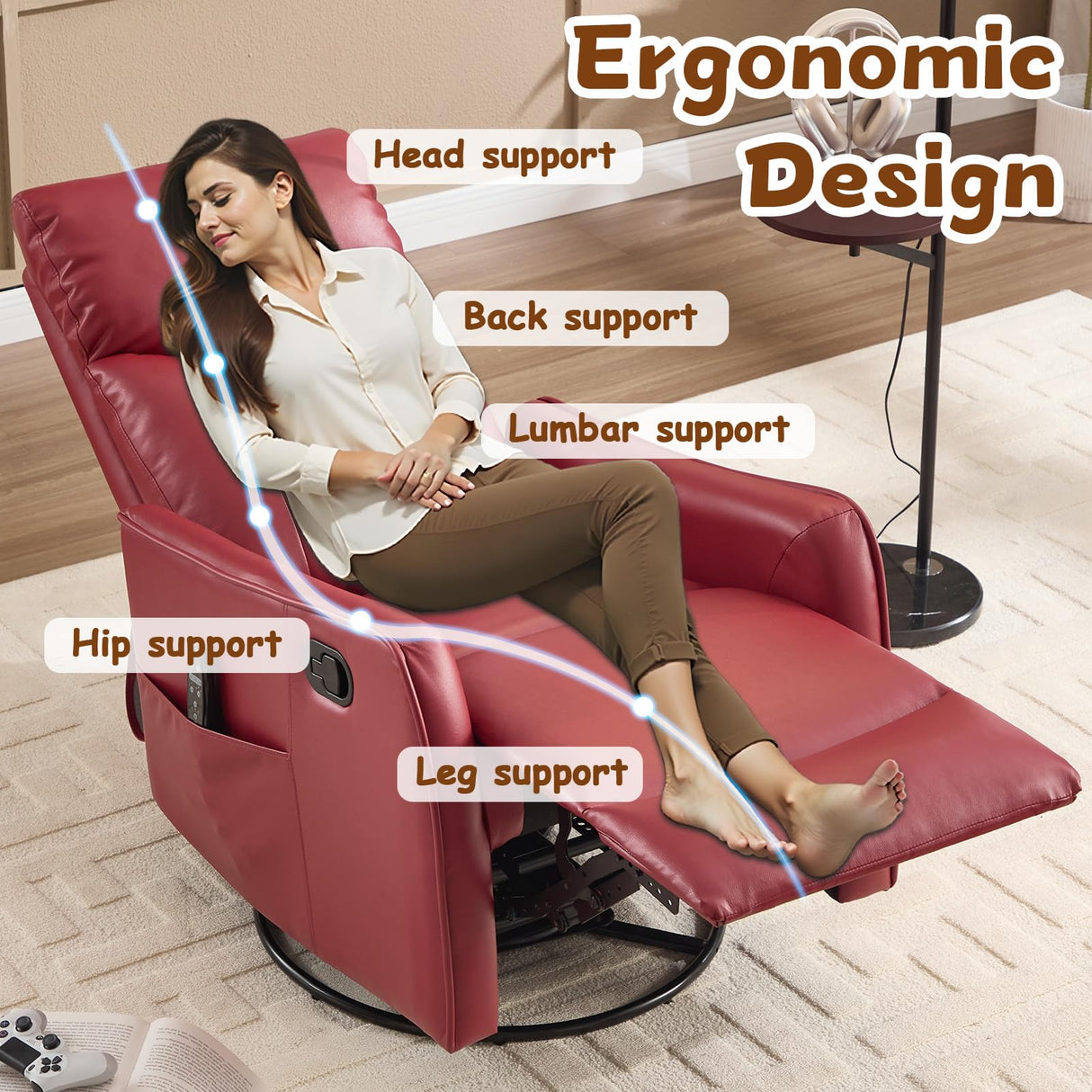 Massage Chair Recliner with Heat, Swivel Rocking Chair Recliner with Gliding Motion, PU Leather Lazy Boy Recliners for Adults,Small Recliner Chair for Small Spaces (PU Leather, Red) anwickjeff