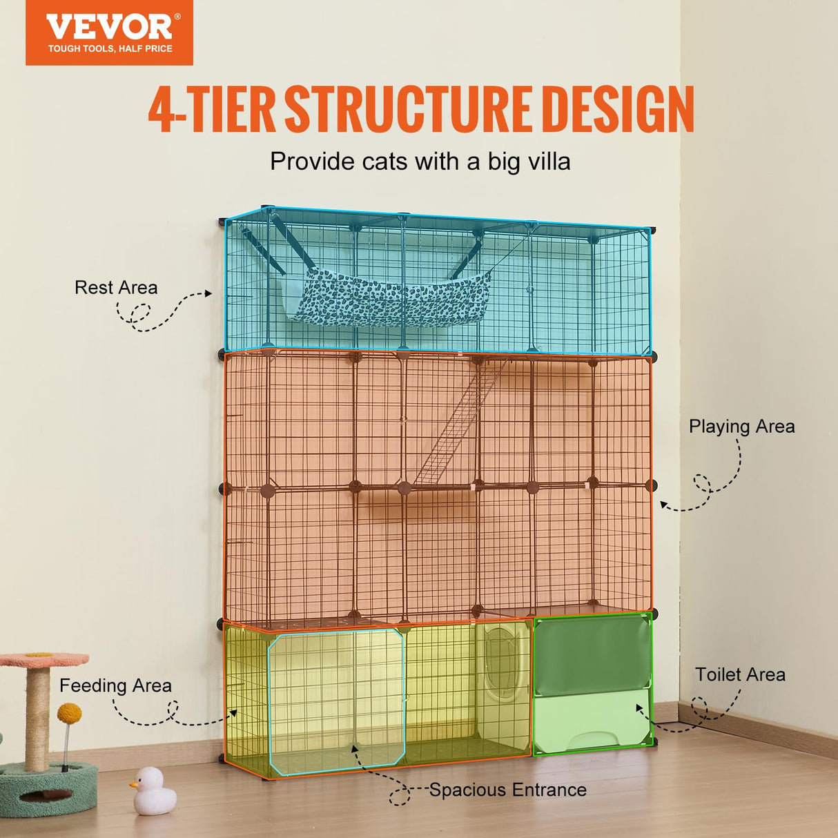 VEVOR Large 4-Tier Cat Cage, 41 x 14 x 55, Detachable Metal Wire Cat Enclosure, with Litter Box Hammock Ramp ladders, Indoor & Outdoor Crate Exercise Place Ideal for Kitty, Small Animals, Black VEVOR