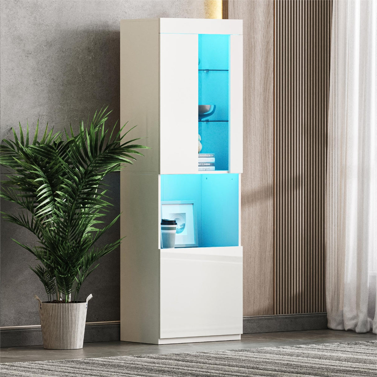 Ball & Cast High Gloss Storage Cabinet with LED Lights,67" Tall Pantry Cabinet W/Acrylic Door,Modern Bookcase & Display Cabinet W/Open Countertop & Tempered Glass Shelves for Living Room,White Ball & Cast