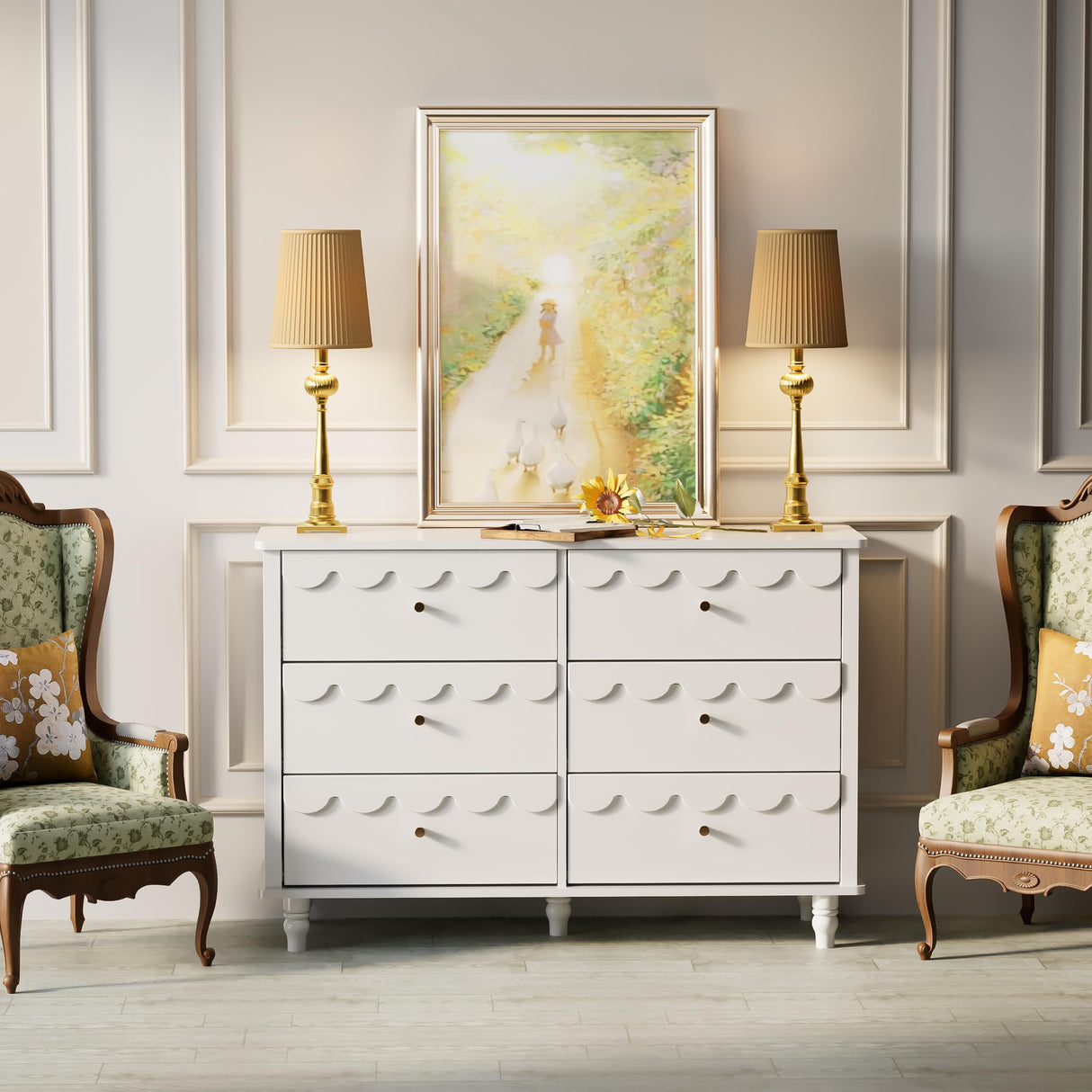 Anbuy 3 Pcs Bedroom Sets, Scalloped 6 Drawer Dresser and Night Stand Sets for Bedroom, Two Drawers Nightstand Set of 2 & 6 Drawer Dresser Combo 3 Pieces (White)