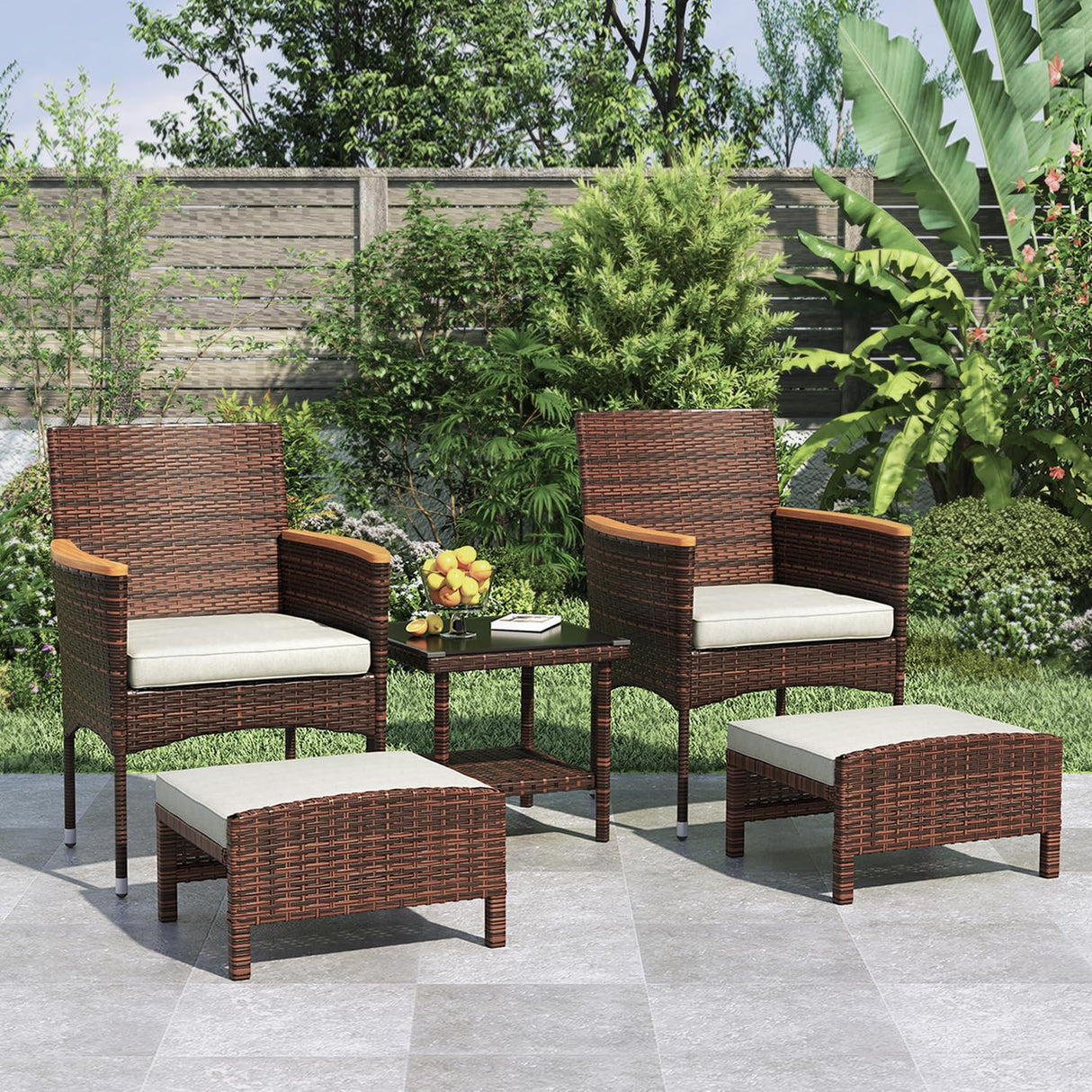 5 Piece Outdoor Patio Furniture Set with Table&Ottoman Outdoor Furniture Patio Set Bistro Wicker Patio Set of 2 Outside Lawn Chairs Conversation Sets for Porch Balcony Deck(Brown Wicker&Khaki Cushion) ARTBUSKE