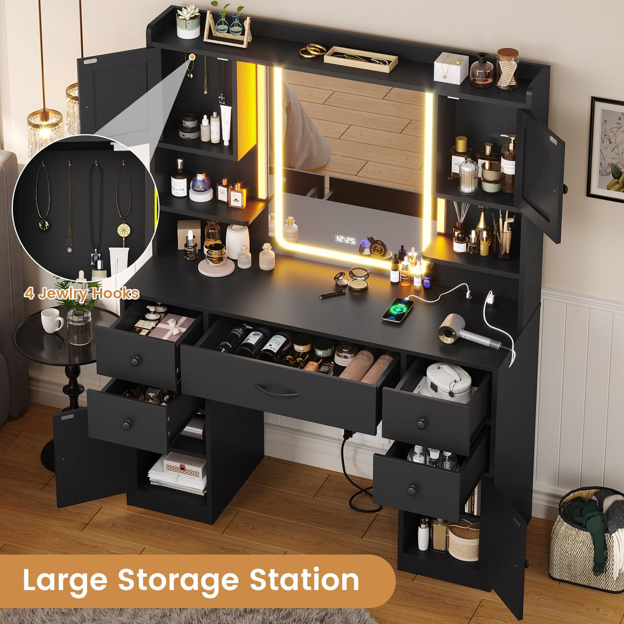Tiptiper Large Makeup Vanity Desk with Mirror and Lights, Vanity Table with Charging Station & Time Display & Ambient Light, Makeup Table with Drawers & Storage Cabinets, Black Tiptiper